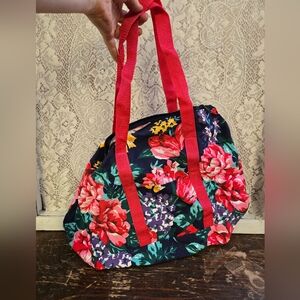 Floral Canvas Tote Bag Red Strap Zippered Pocket + Makeup Bag
